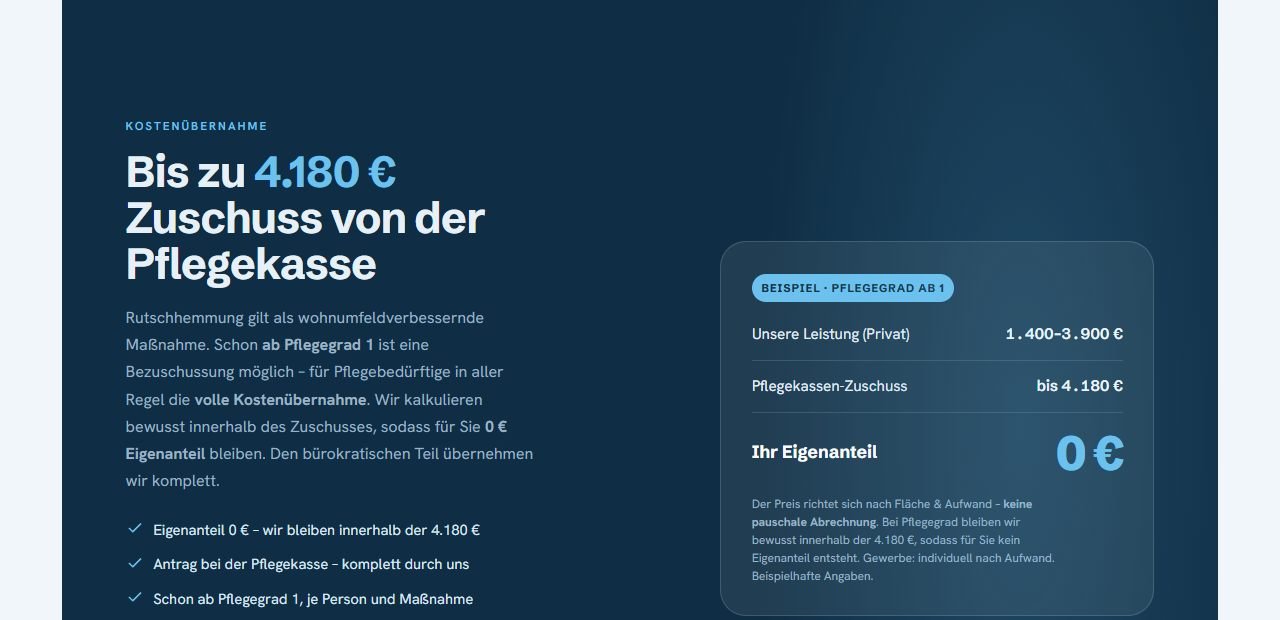 Abschnitt von Rutschfest zum Pflegekassen-Zuschuss bis 4.180 Euro mit Beispielrechnung